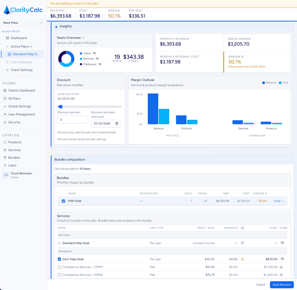 ClarityCalc plan builder interface
